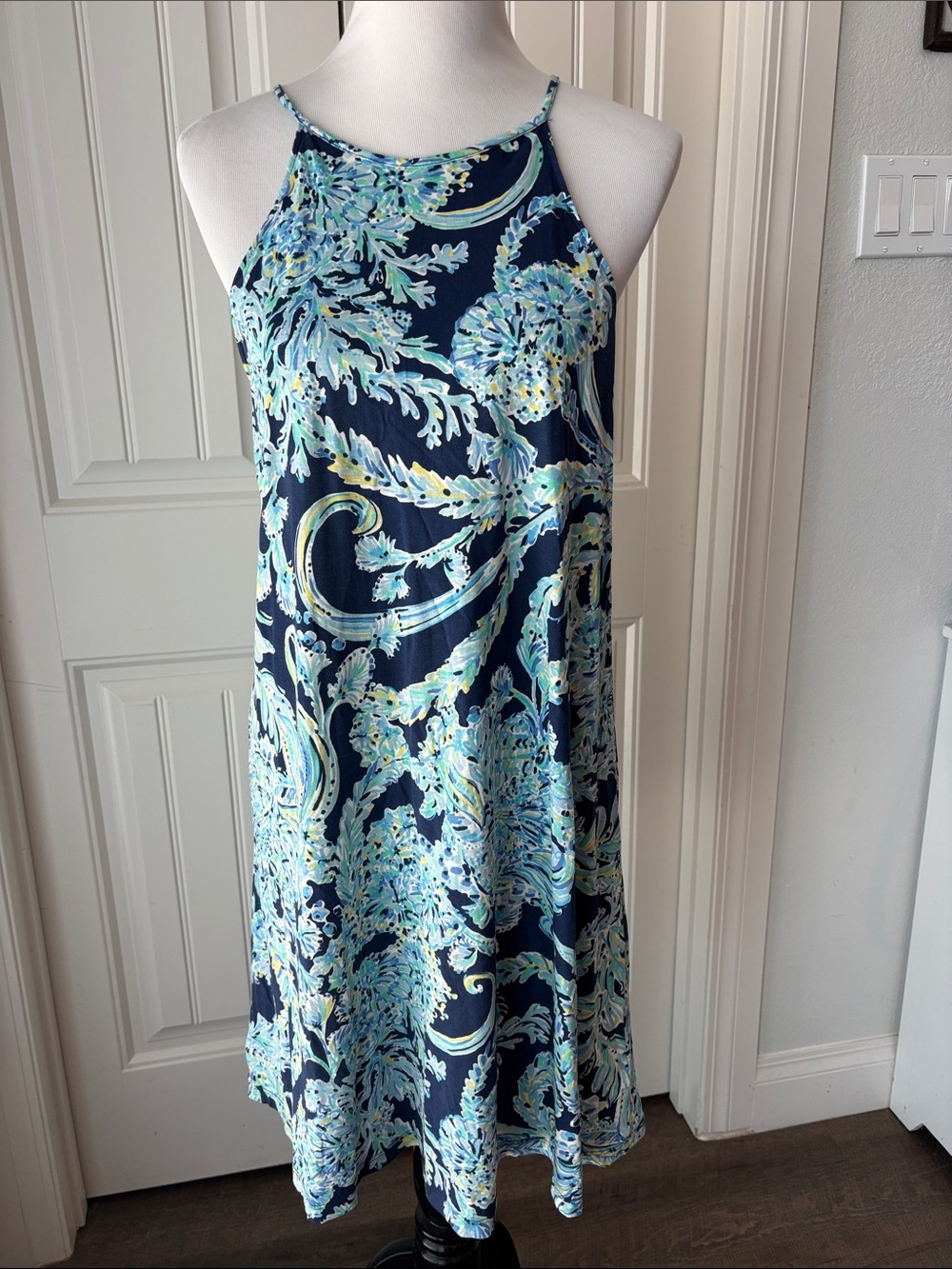 Lilly Pulitzer Margot High Neck Swing Dress Navy Blue Scroll Paisley M